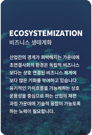 산업간의 경계가 희박해지는 가운데에 초연결사회의 환경은 독립적 비즈니스보다는 상호 연결된 비즈니스 체계에 보다 많은 기회를 부여하고 있습니다. 유기적인 가치흐름을 가능케하는 상호운용성을 중심으로 하는 산업의 재편과정 가운데 기술적 융합이 가능토록하는 노력이 필요합니다.